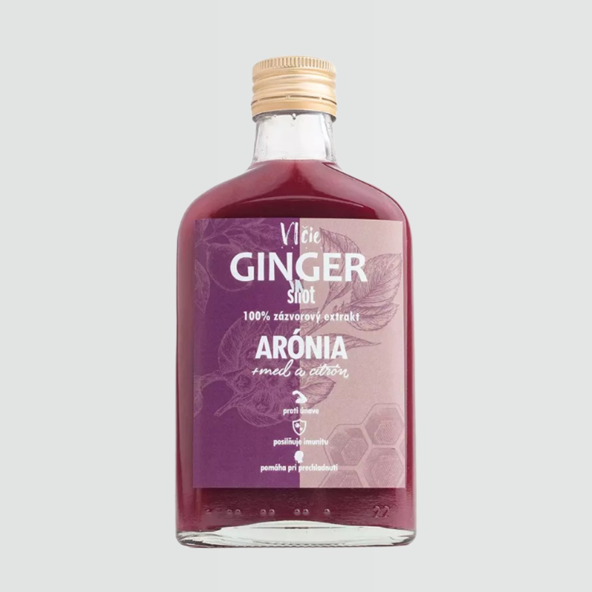 Ginger SHOT s aróniou, medom a citrónom od Vlčie sirupy v sklenenej fľaši