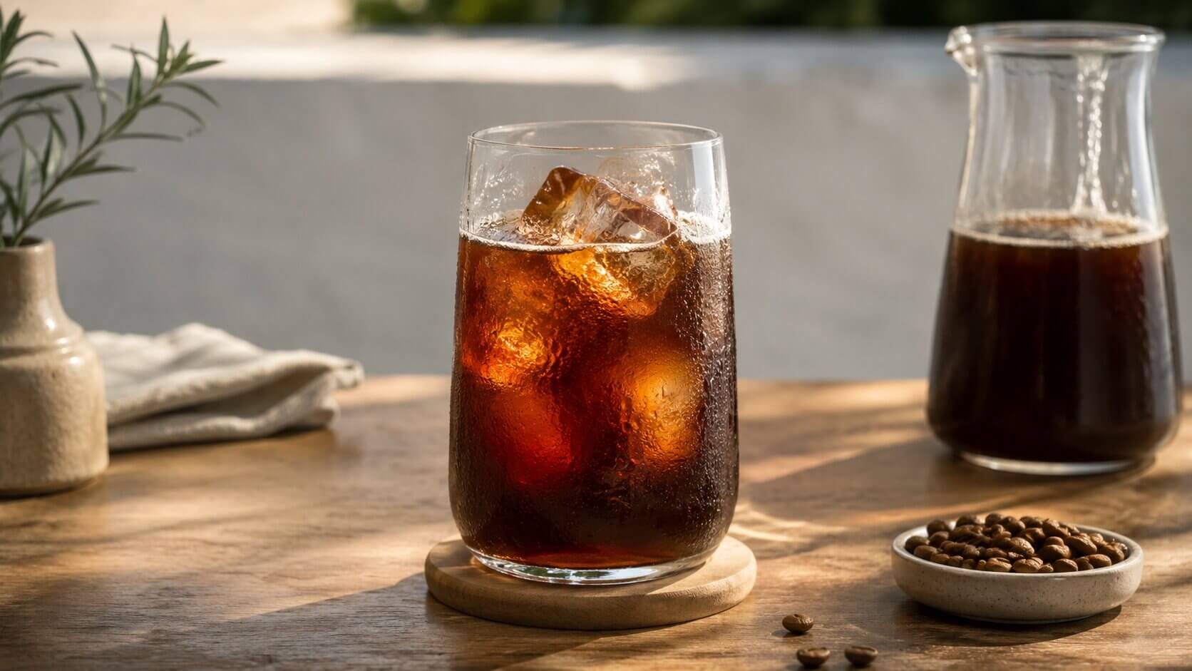 Cold brew káva s ľadom v pohári a karafa s pripravenou kávou
