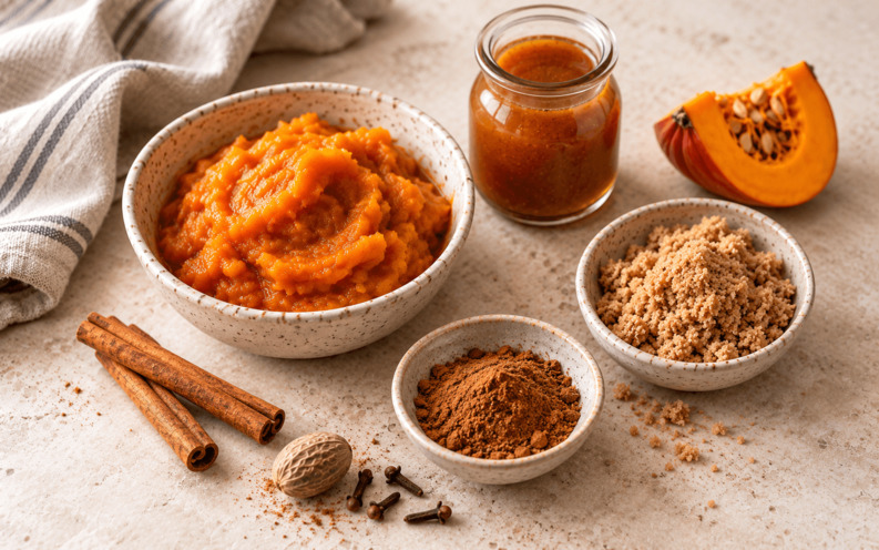Ingrediencie na domáci pumpkin spice sirup s tekvicovým pyré, škoricou a korením